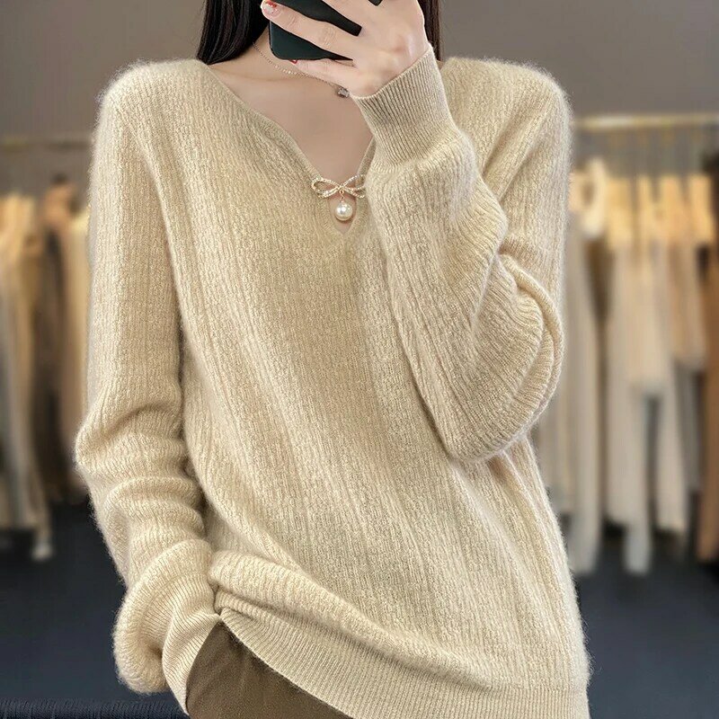 Camisa de punto de lana pura con cuello en V para mujer, camisa de fondo de Cachemira hueca de ganchillo, Color liso, primavera y otoño, 2023