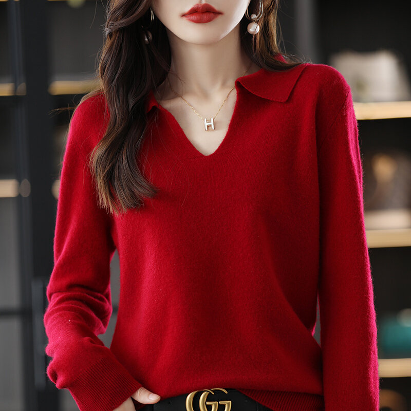 Spring And Autumn New Cashmere Sweater Women's Lapel Long-Sleeved 100% Wool Knitted Sweater Loose Casual Fashion Warm Pullover