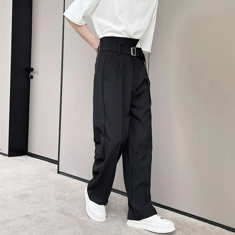 Брюки мужские широкие с завышенной талией, модные повседневные штаны в Корейском стиле, уличная одежда в стиле хип-хоп с ленточным ремнем, свободные