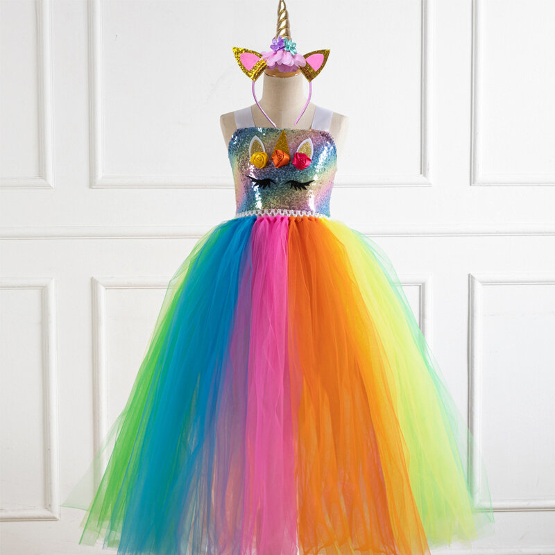 Kostum Unicorn Cosplay untuk Anak Perempuan Pelangi Gaun Panjang Jala Rok Tutu Gaun Putri Kostum Halloween untuk Anak-anak Pesta Karnaval