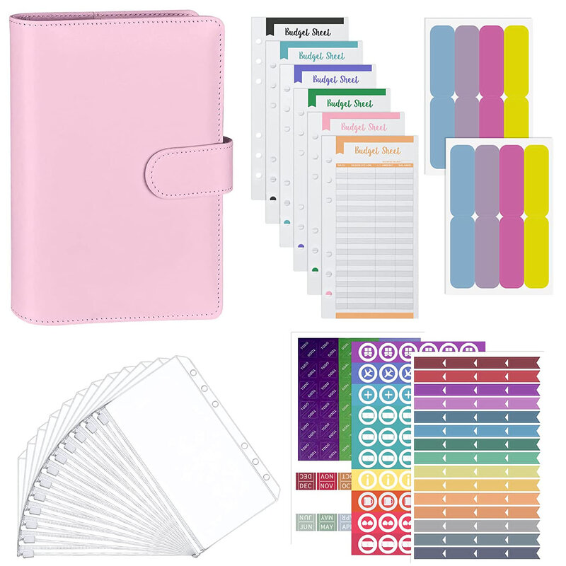 A6 PU Leather Binder with 12 Expense Budget Sheets,12 Binder Pockets, Sticker Labels  for Cash Envelopes Planner for Budgeting