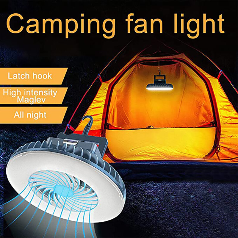 Tikiyos-テントファン付きの充電式LEDキャンプランタン,吊り下げフック付きのキャンプファン