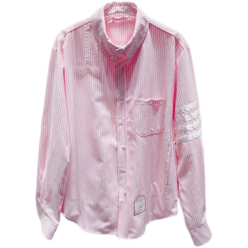 Spot 2022 여름 TB 4 바 핑크 세로 줄무늬 긴팔 웨빙 셔츠, 넉넉한 올 매치 캐주얼 셔츠 재킷