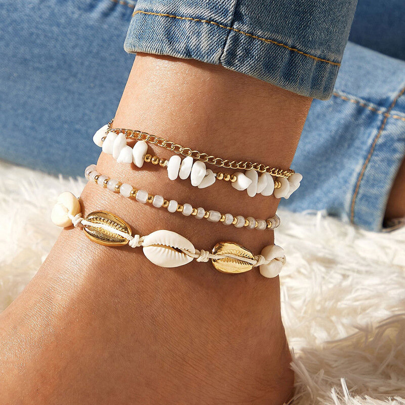 Boho Handmade Shell Seed Beads Anklet Set for Women Multilayer Stones Summer Ocean Beach Foot Chains Jewelry
