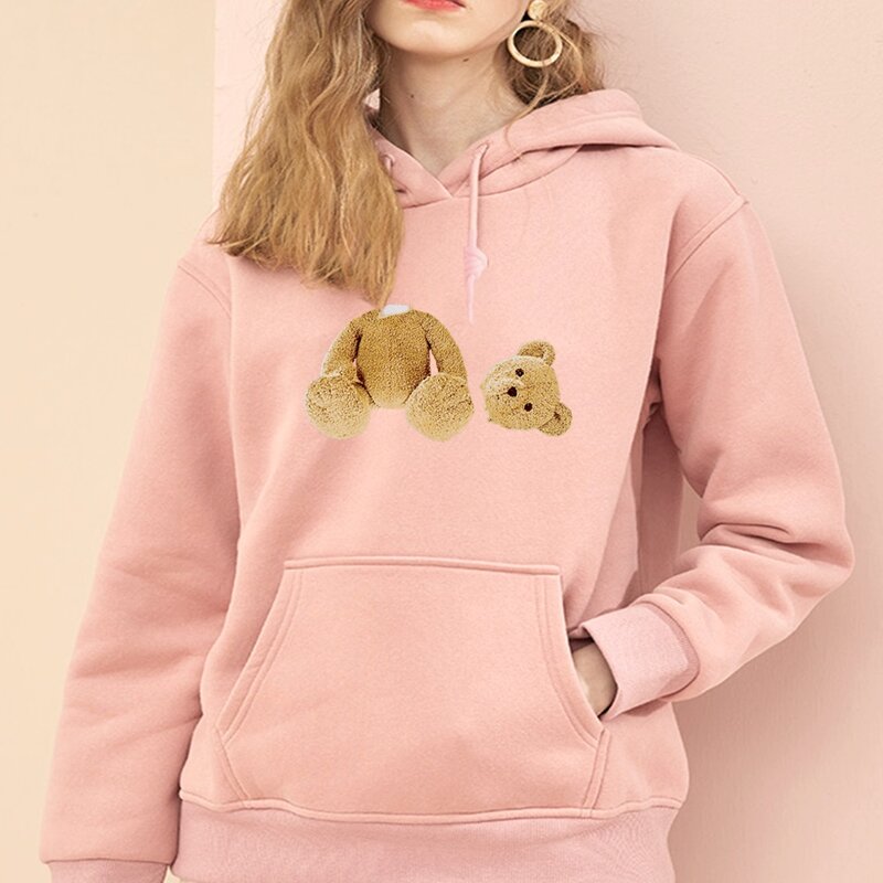 Women's Hoodies Fashion Long Sleeve Big Pocket Street Sweatshirt Pullover Harajuku Cute Bear Print Female Student Hoodie
