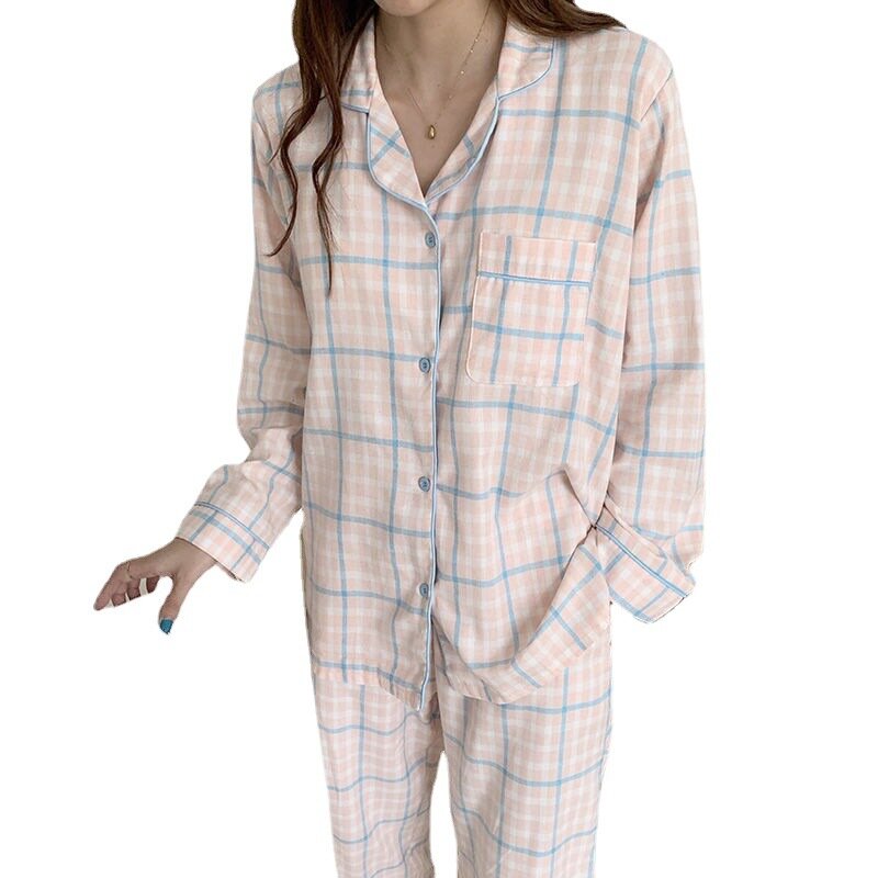 Pijama a cuadros para mujer, traje de dos piezas, cárdigan, solapa, se puede usar fuera, informal, suelto, lindo, servicio a domicilio, primavera y verano