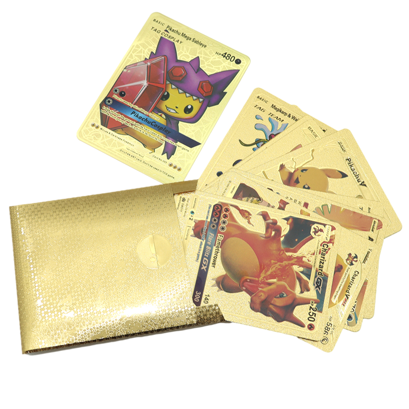 Pokemon espanhol inglês cartões charizard pikachu coleção batalha treinador 1 metal + 10 ouro prata caixa de cartão imitação presente brinquedos