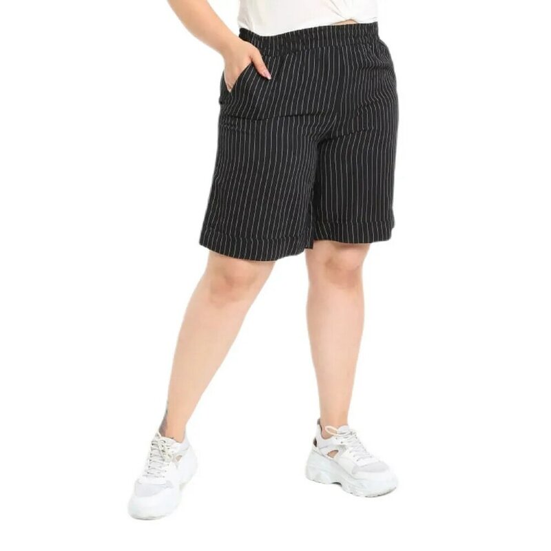 Ftofwomen-pantalones cortos de talla grande, Bk21254, cintura alta elástica, rodilla ancha, lino, bolsillo deportivo a rayas, azul marino, negro, amarillo