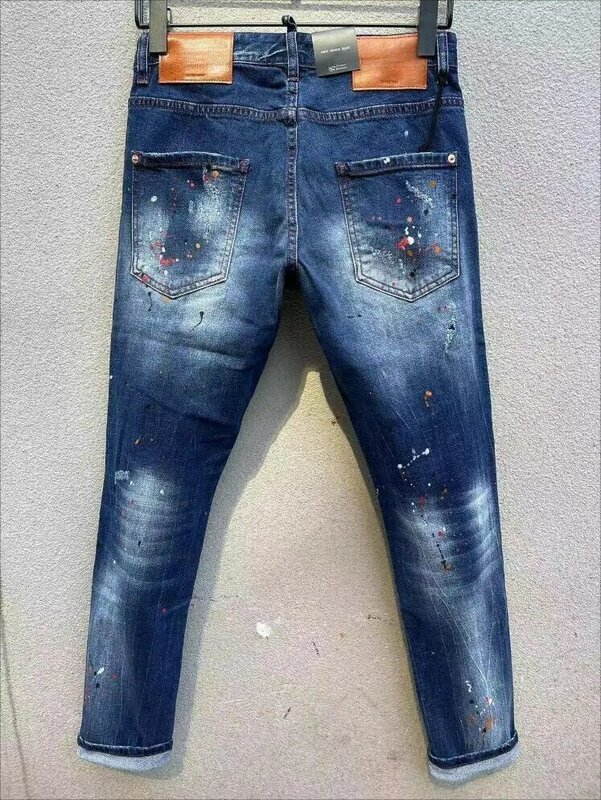 Trendy Skinny Jeans With Ripped Holes And elastic Paint Spray Stitching Beggar Pants 098#