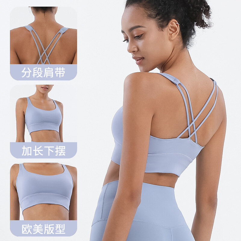 2023 New Double Sided Brushed Cross Back Shockproof Gathering Yoga Sports Bra Fitness Tank Top Sports Bra clothes for women tops