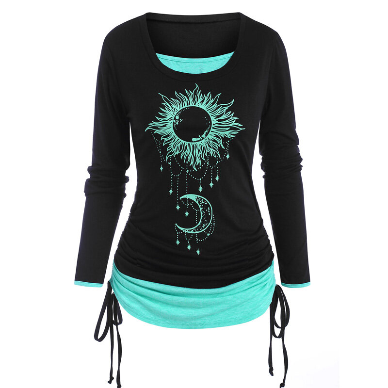Casual Women Cinched Sun Moon Print 2 In 1 T Shirt Round Neck Long Sleeve Autumn Fashion T Shirts Female Top Streetwear