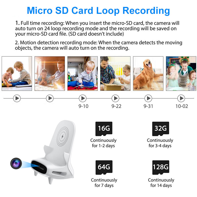 Supporto per caricabatterie Wireless 3 In 1 Mini telecamera Wifi monitoraggio remoto APP monitoraggio sicurezza domestica videocamera Live Full HD 1080P