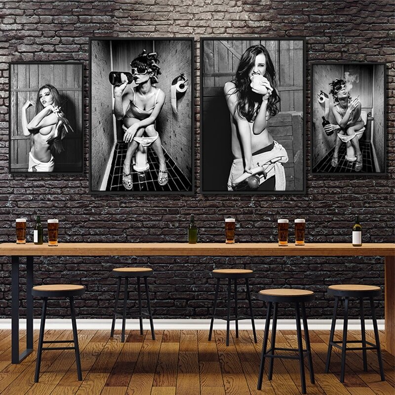 화장실 소녀 현대 캔버스 아트 포스터 장식 그림 섹시한 여자 흡연 및 음주 포스터 인쇄 욕실 블랙 화이트 벽 장식