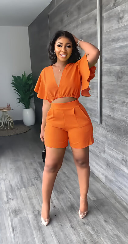 Two Piece Set Ruffle Sleeve V-neck  Crop Top + Short Pants Sportsuit Tracksuit Matching Set Streetwear Clothes for Women Outfits