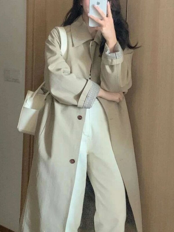 Abrigo coreano de otoño e invierno para mujer, rompevientos clásico de estilo universitario, abrigo holgado de una sola botonadura de longitud media