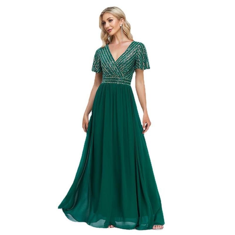 A-Line V-Neck Sequins & Chiffon Green Evening Dress Short Sleeves Floor Length Party Dress Summer Women's Dresses Free Shipping