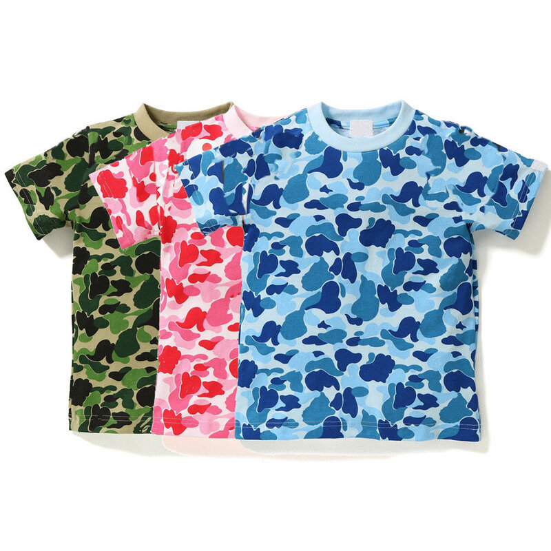 Camisetas cortas de estilo japonés para niños y niñas, ropa de verano con estampado de dibujos animados de camuflaje verde, Hip Hop