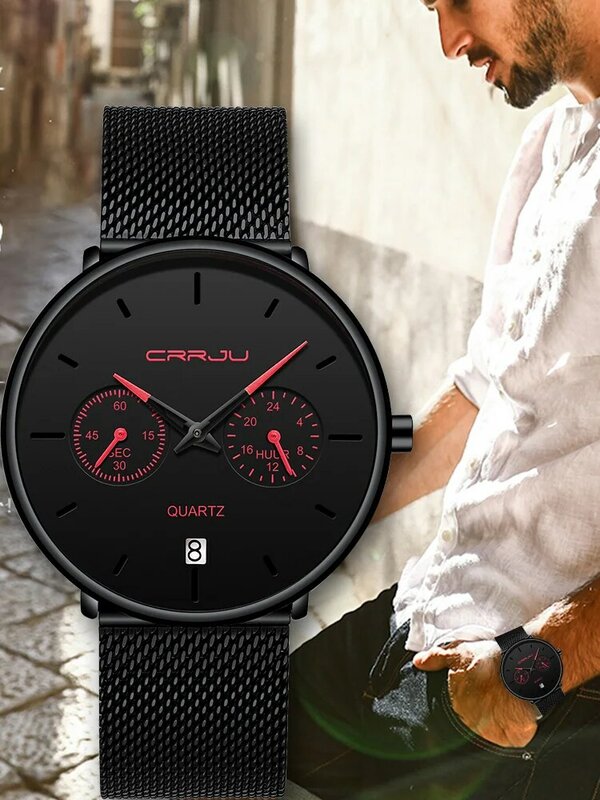 Men Watches Simple Style Stainless Steel Mesh Wristwatch CRRJU New Quartz Male Clock With Date Reloj Waterproof Hombre