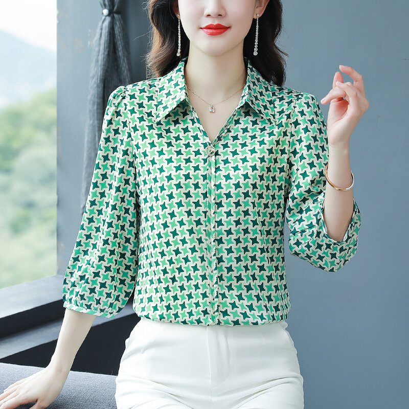 Camisa de manga larga para mujer, blusa de satén con estampado de dibujos animados, cuello de solapa, moda coreana, novedad de verano