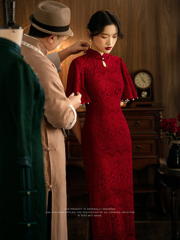 Vestido Cheongsam de encaje de compromiso para mujer, manga corta, color rojo vino, para uso diario