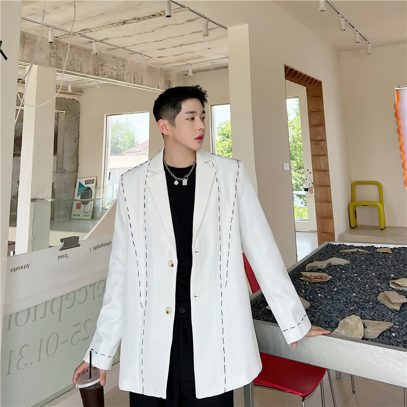Masculino casual blazer artesanal contraste costura nicho designer longo modelagem ternos casaco outono jovem estilo coreano roupas outono