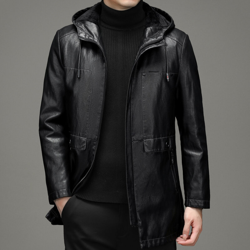 Haining Winter Leather down Jacket Men's Mid-Length Hooded Detachable down Feather Liner Warm Leisure Men's Leather Coat