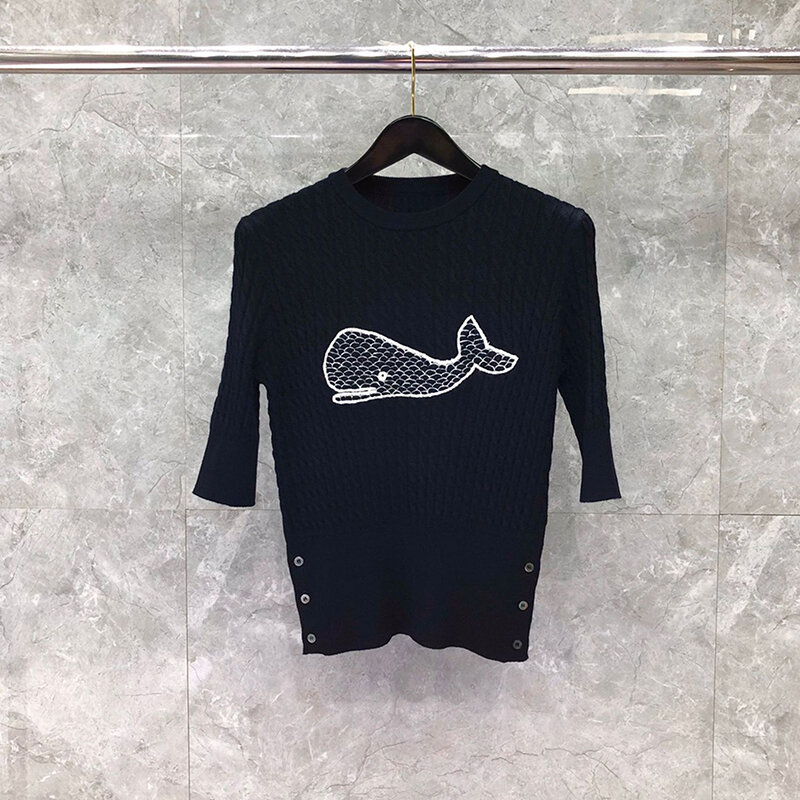 Tb thow camisola de manga longa feminina nova chegada suave-toque crewneck camisola outono inverno clássico-ajuste com padrão de tubarão