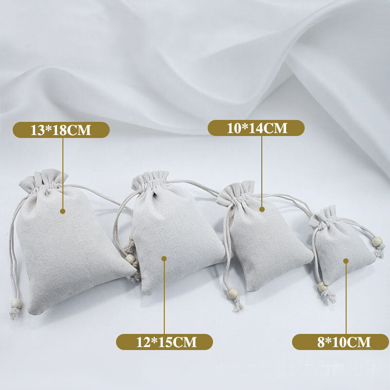 50 pz/lotto 8x10, 13x18cm sacchetti con coulisse in lino di cotone bianco confezione regalo sacchetto piccolo sacchetto casa organizzare sacchi di cotone