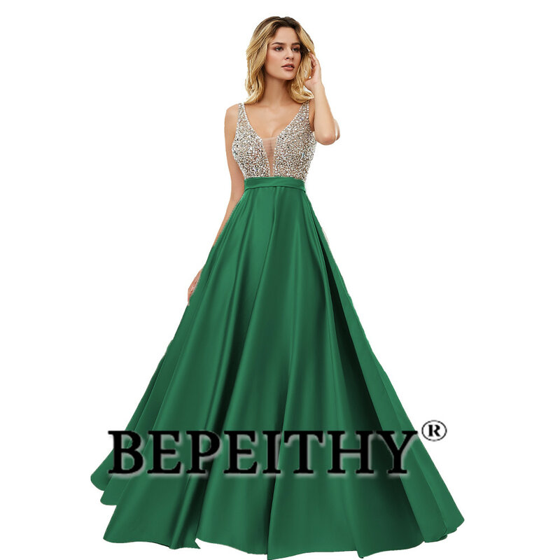 BEPEITHY V-ausschnitt Perlen Mieder Open Back Luxus Abendkleider Für Frauen 2023 EINE Linie Elegante Schnelle Verschiffen Satin Prom Kleid