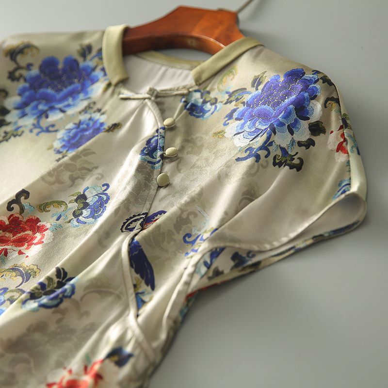 2023 neue chinesische Stil Frauen ol lässig täglich Retro elegante Bluse Blumen druck Kurzarm Bluse Frauen Vintage Cloting