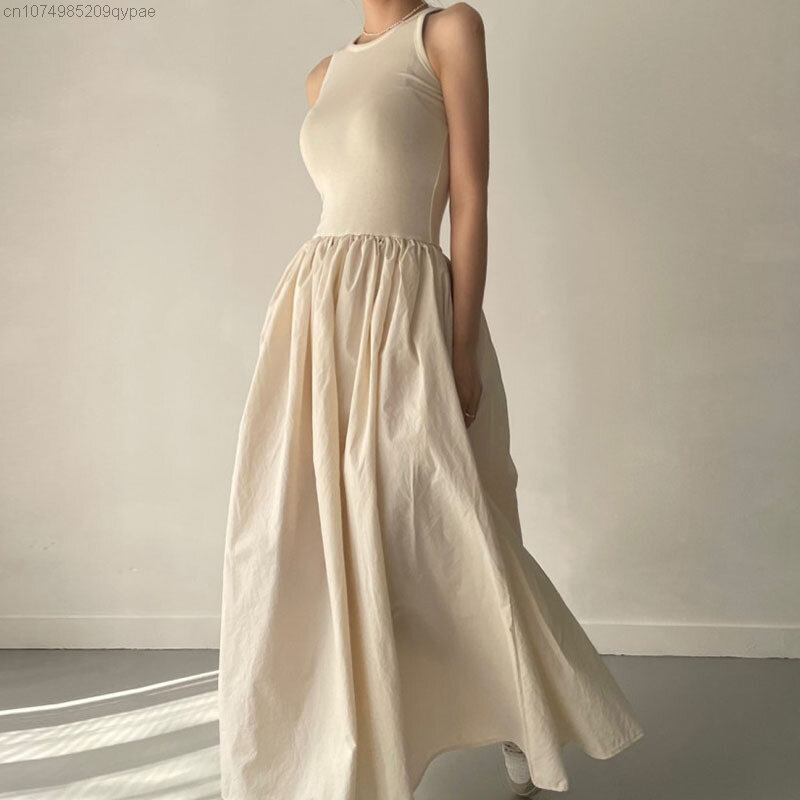 Korean Chic Sleeveless Dress Women Elegant Ladies Luxury 2023 Summer Work Stitching High Waist Dress White Vest Black Skirt 90s