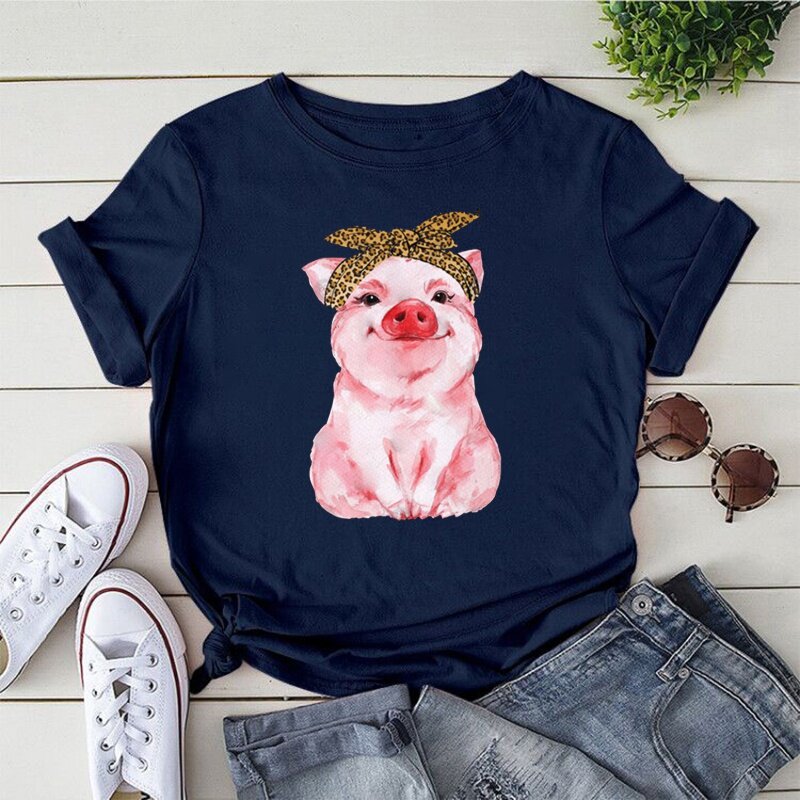 Cute Pig Print T-shirts For Women Summer Lovely Short Sleeve Casual Round Neck T-shirts Ladies Creative Personalized Tops
