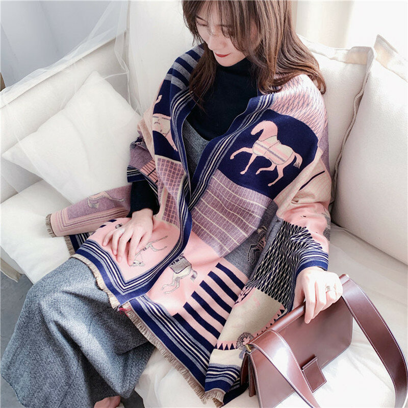 Fashion Winter Cashmere Scarf for Women Pashmina Blanket Horse Scarf Shawls Wraps Female Foulard Luxury Brand Thick Warm Scarves