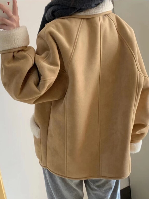 Jaket Mantel Rambut Domba Coklat Muda Wanita, Jaket Bantalan Katun Tebal Kulit Rusa Gaya Vintage Korea Musim Gugur dan Musim Dingin