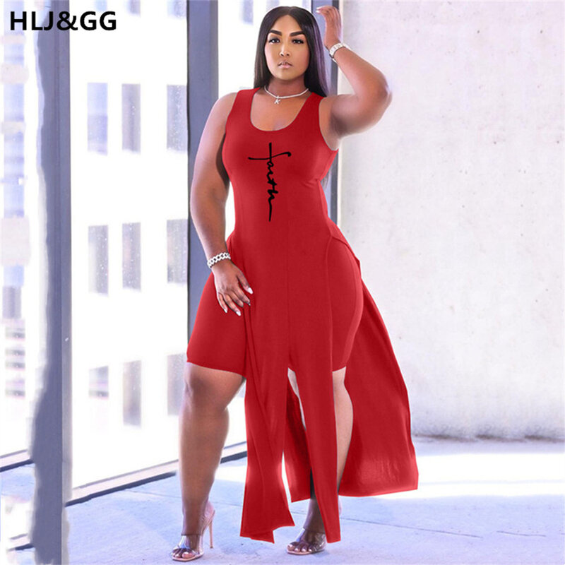 HLJ&GG Long Vest Two Pice Sets Women Sleeveless Irregular Top Side Slit  And Shorts Tracksuits Summer Print Casual 2pcs Ouotfits