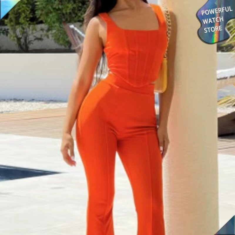Ensemble de pantalons fendus orange tempérament pour fille, nombril exposé, haut en fibre précieuse de Piedmont, mode décontractée, imbibé, 2 pièces, 2023
