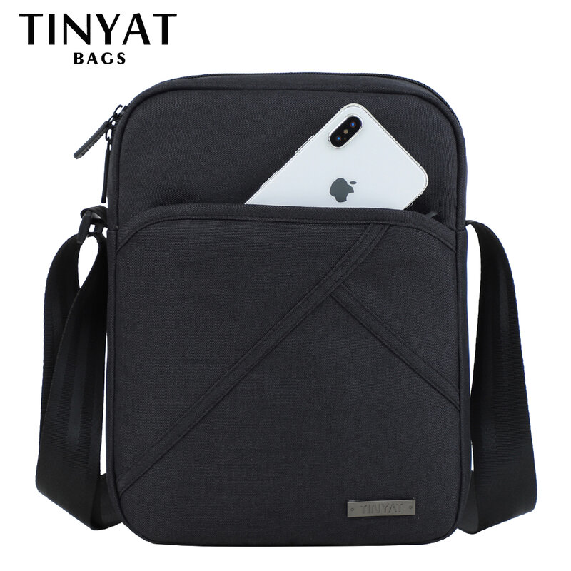 Tinyta-男性用ブラック軽量キャンバスクロスオーバーバッグ,9.7インチパッド付き8ポケット防水カジュアルクロスオーバーバッグ