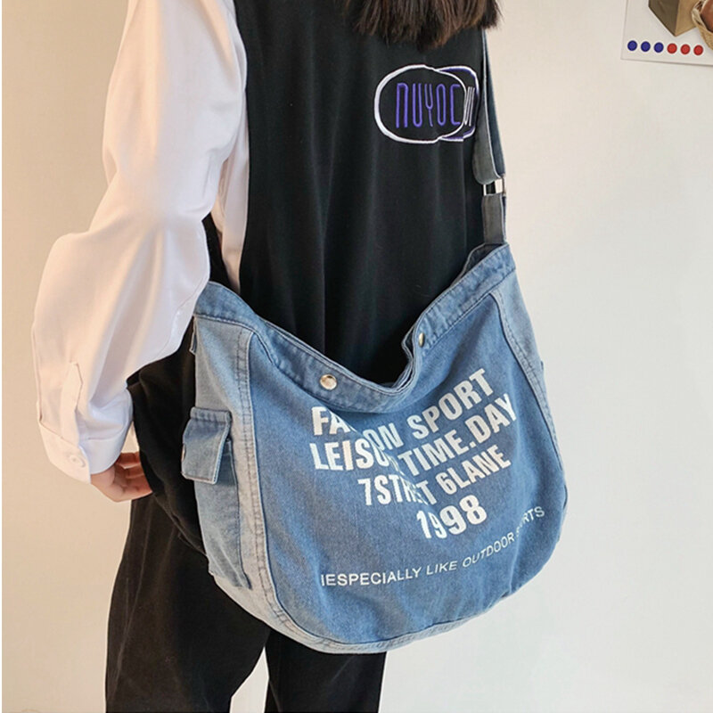 المرأة الدنيم حقيبة الكتف سعة كبيرة عالية الجودة عادية بسيطة سيدة حمل حقيبة قائمة جديدة المحمولة حقيبة كروسبودي الإناث