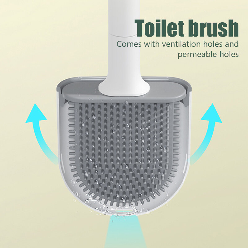 Sikat Toilet Anti Bocor dengan Alas Silikon Brosse Wc Kepala Datar Fleksibel Sikat Bulu Lembut dengan Set Tempat Pengeringan Cepat