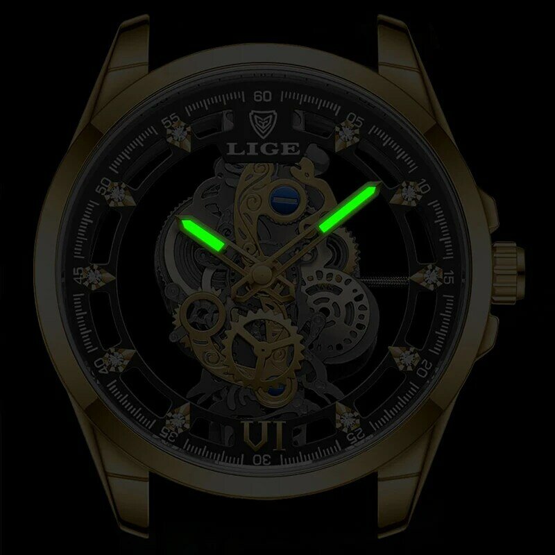 LIGE 2023 Neue Männer Uhr Skeleton Automatische Quarzuhr Gold Skeleton Retro Mann Uhr Top Marke Luxus Herren Uhren Reloj hombre