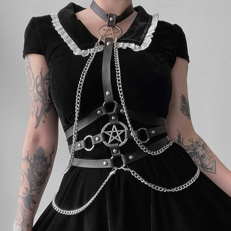 Punk Woman akcesoria uprząż z łańcuchem pasy moda damska odzież festiwalowa Pentagram Body Sexy podwiązki dla Goth