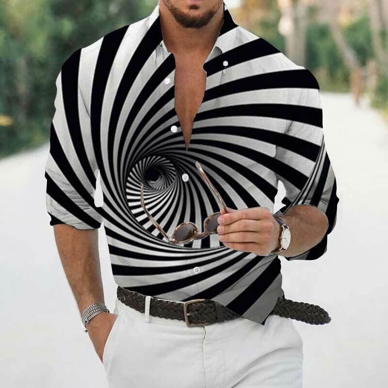 유럽 및 미국 남성 패션 셔츠, 봄/가을 긴 소매 기하학 프린트 캐주얼 남성 슬림 탑 스트리트웨어