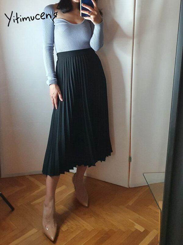 Yitimuceng Merk Designer Geplooide Rok Vrouwen Lente Elegante Hoge Taille Luxe Mode Elastische Taille Midi Black 2022 Office Lady