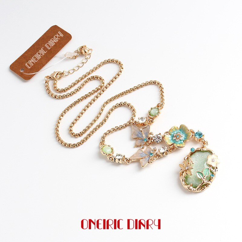 ONEIRIC DIARY New Butterfly Flower Fashion Pendant Glaze Green Stone Long Necklace Sweater Chain Female Jewelry
