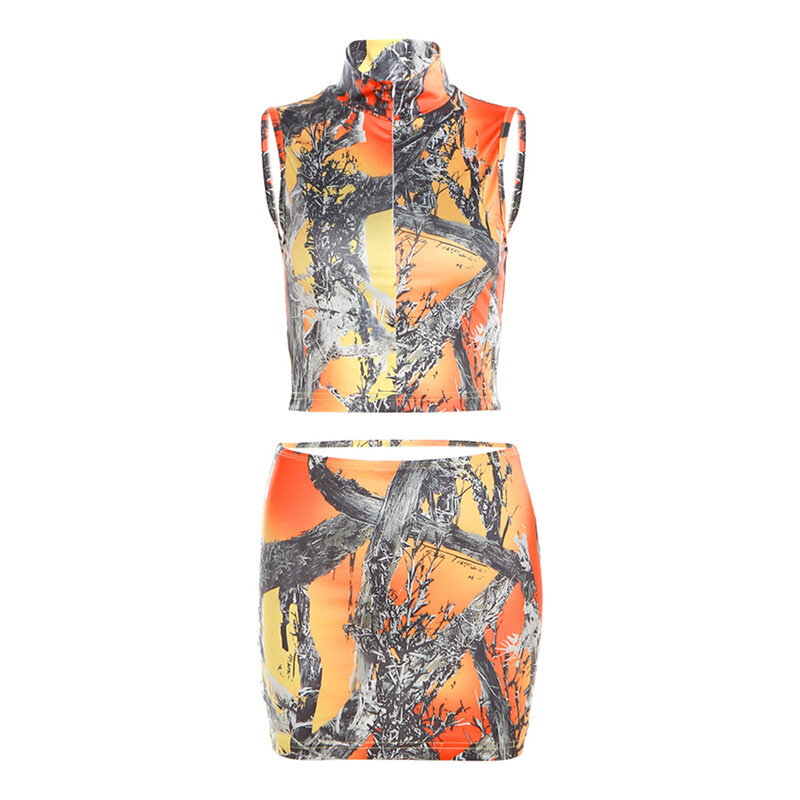 Conjunto de camisa Halter y minifalda estampada para mujer, ropa a juego, chándal informal, conjunto de dos piezas