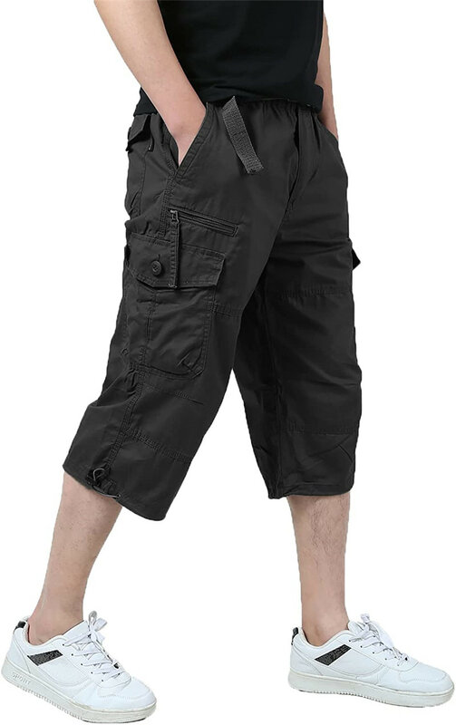 Pantalones cortos Cargo por debajo de la rodilla para hombre, monos informales de algodón de longitud larga con múltiples bolsillos, pantalones cortos militares Capri tácticos para hombre