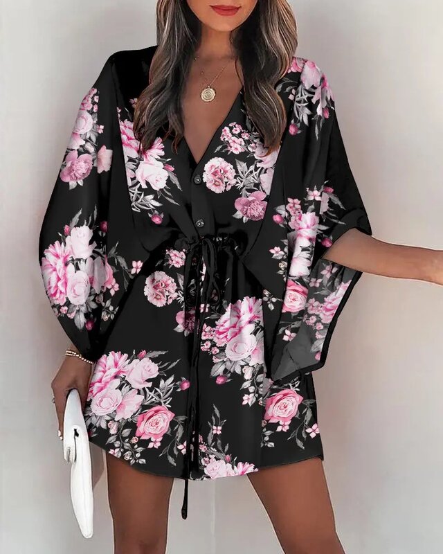 Mode Batwing Sleeve Print Lace Up Mini Kleid Für Frauen Sexy V-ausschnitt Beiläufige Lose Boho Urlaub Kurze Kleider Frau 2022 sommer