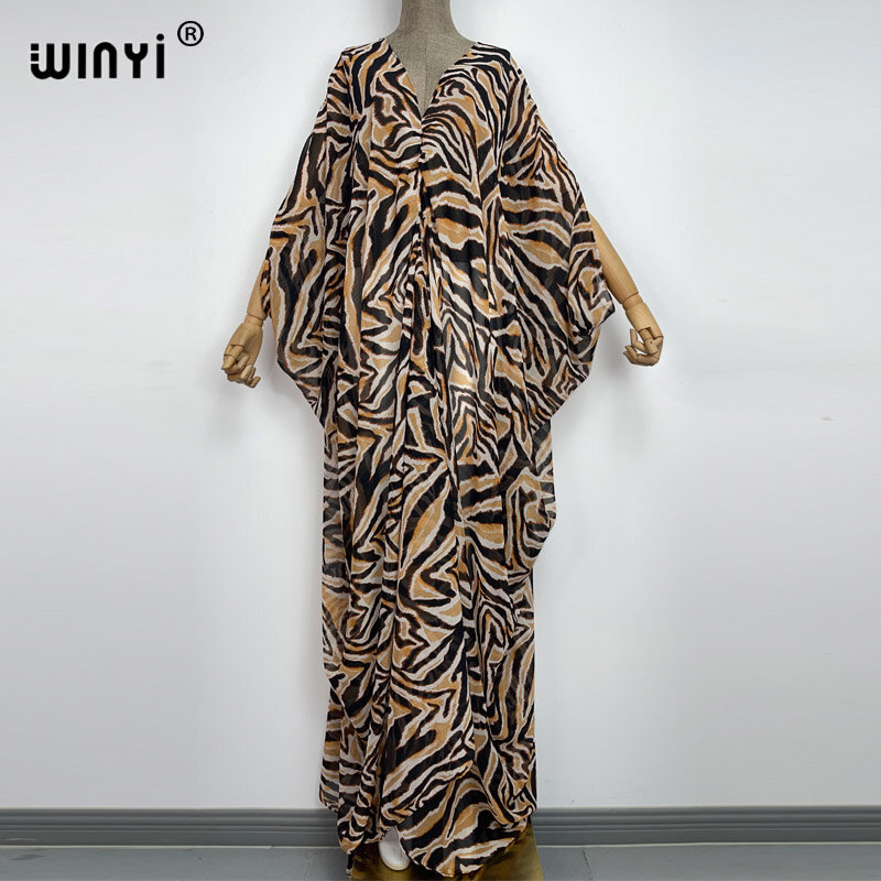 WINYI-vestido bohemio holgado con estampado de leopardo para mujer, caftán marroquí sexy con horquilla alta, talla libre, ropa de playa, verano, 2022