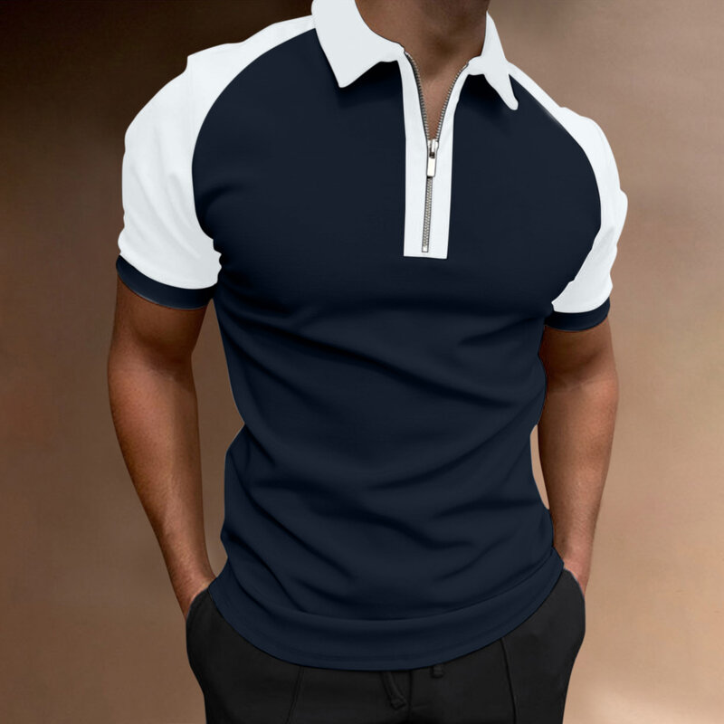 Рубашка-поло мужская приталенная на молнии, с отложным воротником