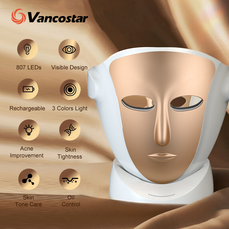 Vancostar-스킨 케어 페이셜 마스크, LED 라이트 페이스 마스크 3 순수 색상 레드 라이트 테라피 리주버네이션 마스카라 LED 뷰티 건강